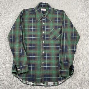 Permanent Press Button Down Mens L Green Plaid Flannel Shirt Long Sleeve Vintage